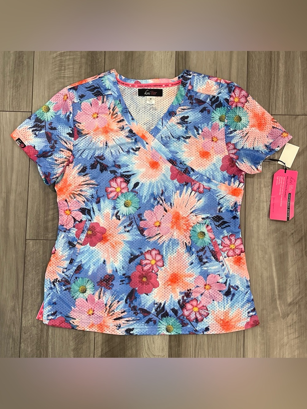 koi Floral Crossover Scrub Top - Blue, Pink, Coral